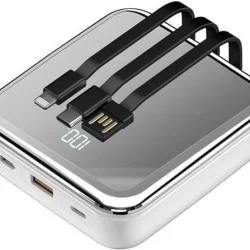 Porodo 20000Mah Mirror Power Bank Built-In Charge & Re-Charge Cables